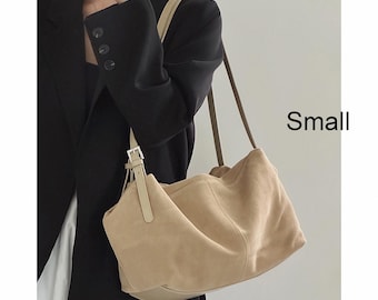 Suede Leather Shoulder Bag, Soft Leather Tote Bag, Slouchy Minimal Underarm Bag