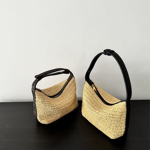 Kleine Raffia Handtasche, Schultertasche Raffia Gewebt, Handgewebte Stroh Top Henkel Tasche, Minimale Unterarmtasche