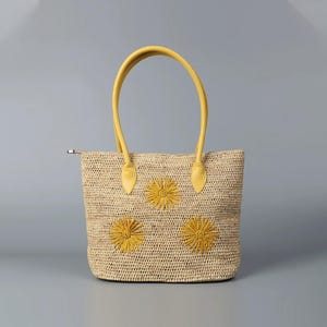 Raffia Tote Bag, Yellow Daisy Raffia Shoulder Bag, Woven Shoulder Bag, Handwoven Straw Bag, Summer Beach Bag
