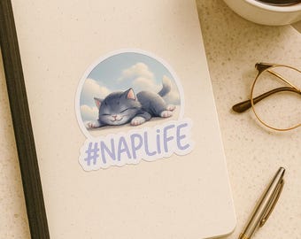 NAPLIFE Sticker | Cute Sleeping Cat on Cloud | Kawaii Relaxation Sticker | Cozy Self-Care Aesthetic | Lazy Day Vinyl Decal