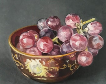 Grapes Oil Painting Cranberry Glass Still Life Fruit Realism Small Original EBAfineart
