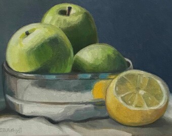 Green Apples Lemon Oil Painting Still Life Fruit Realism Original Kitchen Art Food Art Small EBAfineart