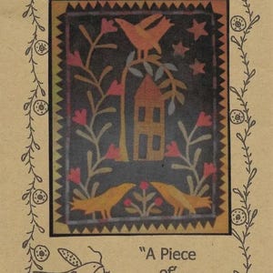 May include: A rectangular print on tan paper featuring a central dark image titled Midnight Garden with a house, birds, flowers, and stars. The border has a vine and flower motif. Below the central image is the text A Piece of Work and a bird.