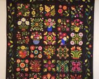 Everything's Blooming Erica Kaprow Applique Pattern Black Wool Background Hand Dyed