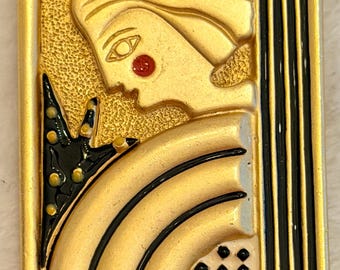 Vintage AJC Art Deco Revival Brooch Pin Matte Gold Enamel Lady Woman Profile 1980s