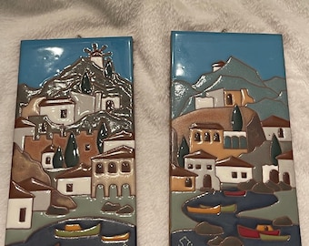 The House of Greek Art 7 3/4" x 3 7/8" Tiles by E. Adreades Hydra Greece Signed (set of 2)