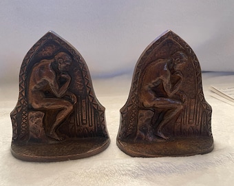 Antique "Thinking Man" Copper or Brass Bookends_Art Deco_1920s