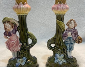 Vintage Majolica Figural Candlesticks_Boy and Girl_Art Nouveau