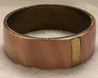 Vintage Mother of Pearl and Brass Inlay Bangle Bracelet