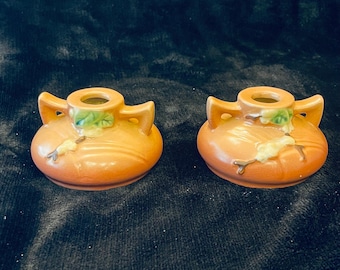 Roseville Snowberry candlestick holders 1CS1_EXCELLENT_circa 1946_peach/pink