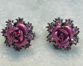 Vintage Nina Ricci for Avon Earrings_Pink Rose with Pink Rhinestone Halo_Silver Tone