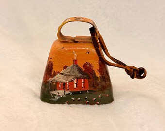 Vintage Hand Painted Cowbell Folk Art Primitive Country Cabin Decor Sign_Rustic Autumn Scene