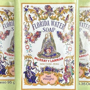 May include: Three bars of Florida Water Soap. Each bar has a white label with the words "Florida Water Soap" in a decorative font. The label features floral and bird illustrations, and the text "Murray & Lanman, New York - Peru".