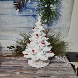 Ceramic Christmas Tree Small White Blue Birds Golden Shimmer and Icy Snow 
