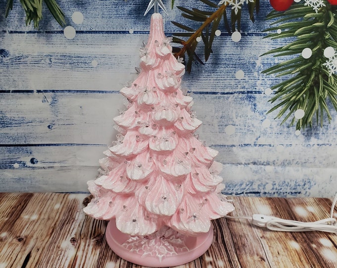 Ceramic Christmas Tree Lighted 18 Nowell Vintage Mold Pink W/ Clear