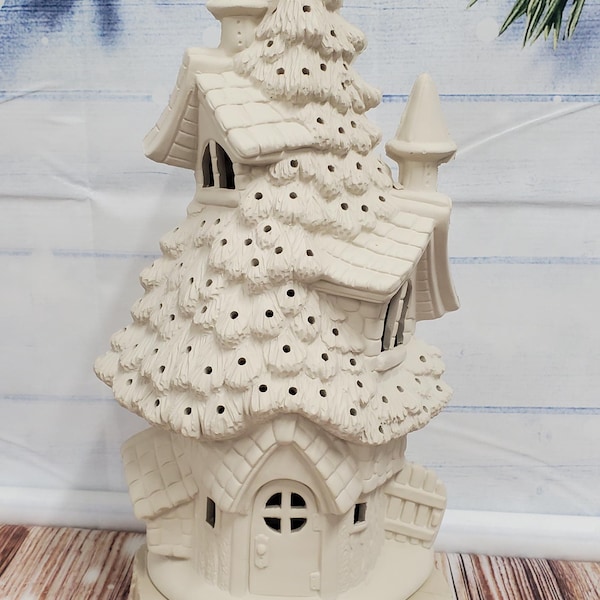 Ready to Paint Ceramic Bisque Grand Spruce Lodge Tree House and Log Base