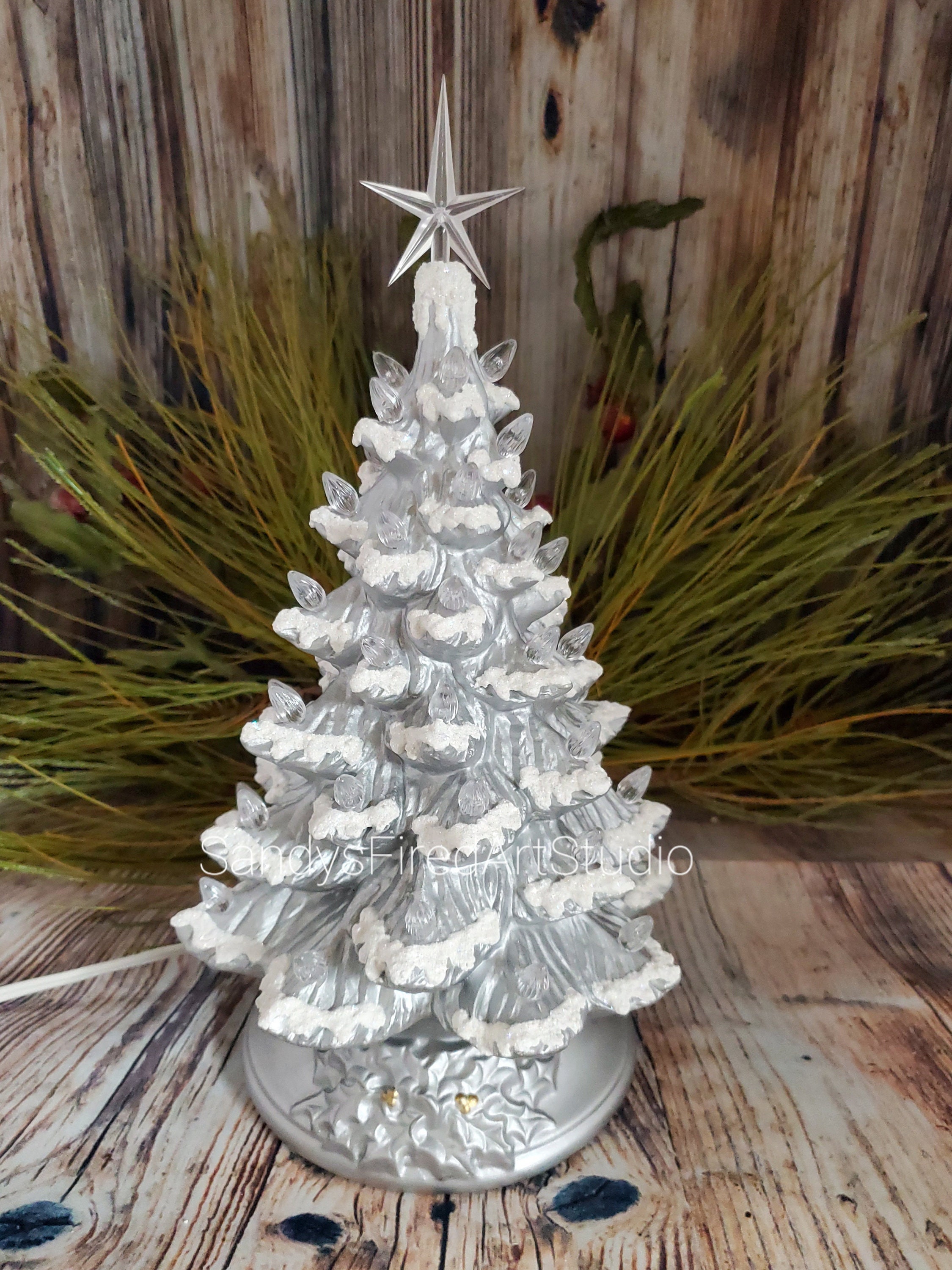 Ceramic Christmas Tree Small White Blue Birds Golden Shimmer and Icy Snow 