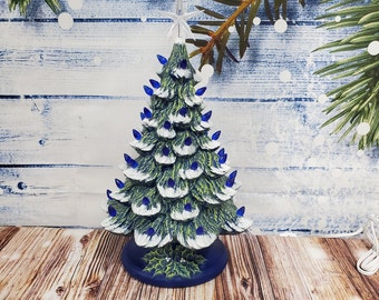 Ceramic Christmas Tree Lighted 14" Nowell Vintage Style Mold -  Blue and Green - Star