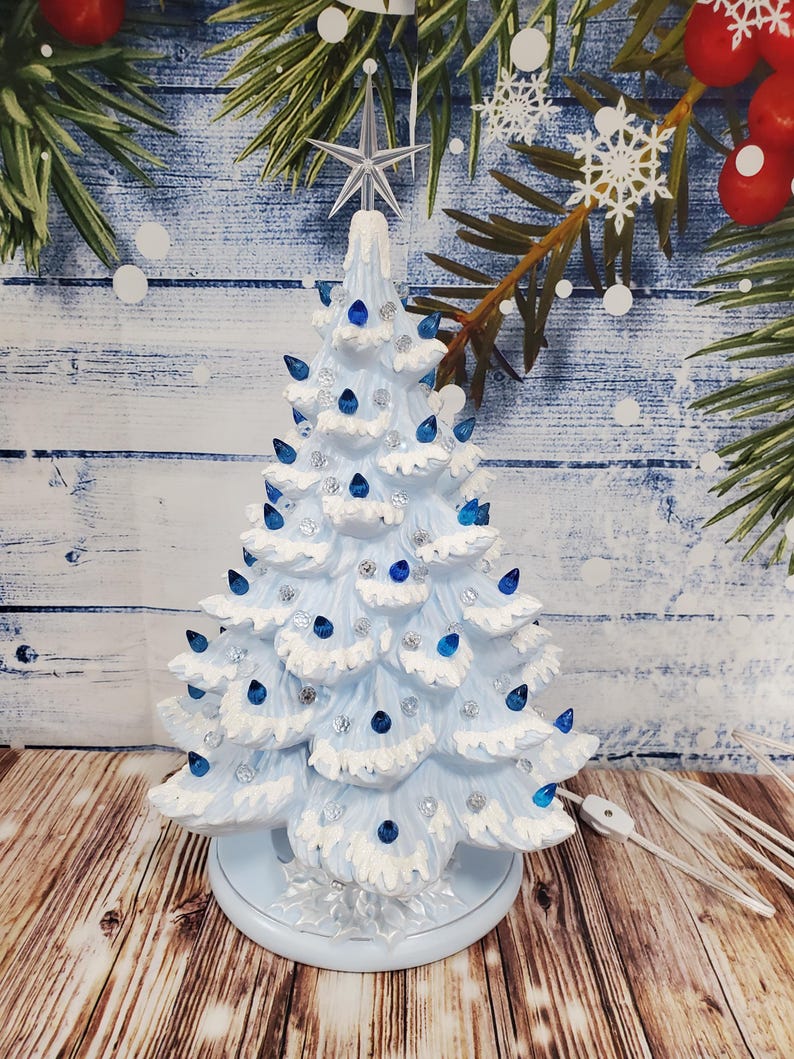 Ceramic Christmas Tree Lighted 18 Nowell Vintage Mold Blue With Snow