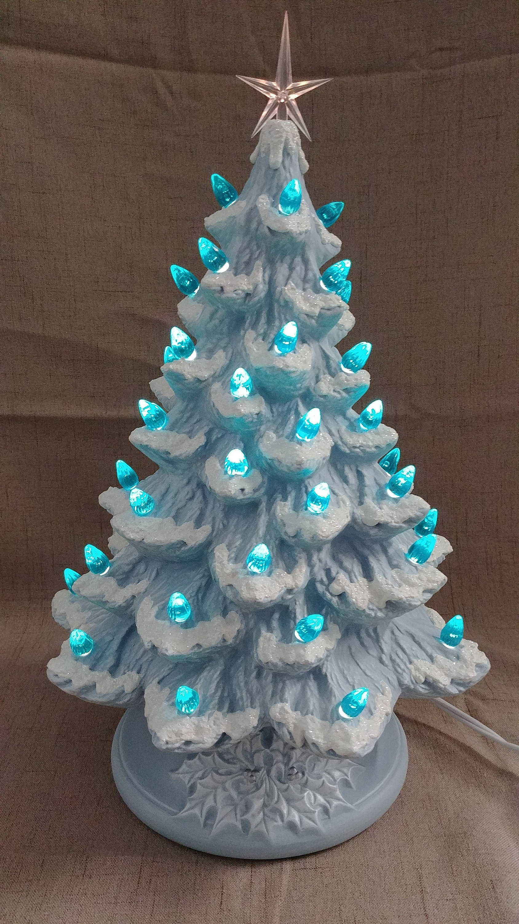 Ceramic Christmas Tree Small White Blue Birds Golden Shimmer and Icy Snow 