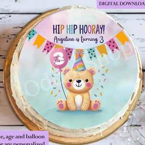 Fichier d&#39;impression numérique de gâteau comestible ours en peluche, décoration de gâteau d&#39;anniversaire personnalisée, décoration de gâteau d&#39;anniversaire pour enfants, décoration de gâteau de premier anniversaire
