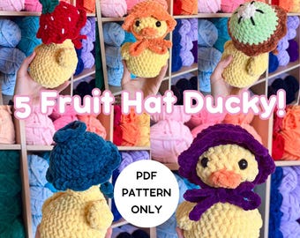 Patrón de patito con sombrero de frutas en PDF para descarga digital. Patrón de peluche amigurumi de ganchillo.