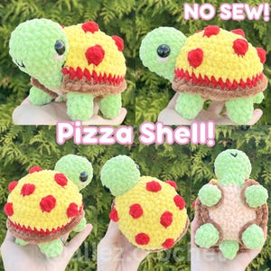 May include: A plush crochet turtle toy with a light green head and limbs, featuring a yellow shell decorated with red spots and a brown border. The text NO SEW! and Pizza Shell! is visible on the image, showcasing the soft yarn texture.