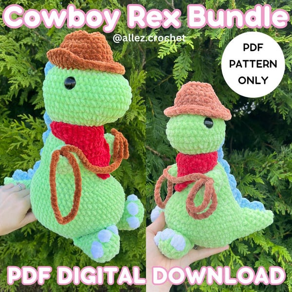 2-in-1 Mini & Original Cowboy Rex Pattern Bundle PDF Digital Download Amigurumi Stuffed Animal Crochet Dino Plushie Cowboy Hat Bandana Lasso