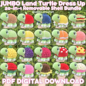May include: A collection of twenty crocheted turtle toys, each featuring a distinct removable shell design. The turtles have light green bodies with large eyes and are displayed in a grid, showcasing various colorful shell patterns and textures.