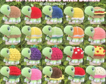 May include: A collection of twenty crocheted turtle toys, each featuring a distinct removable shell design. The turtles have light green bodies with large eyes and are displayed in a grid, showcasing various colorful shell patterns and textures.