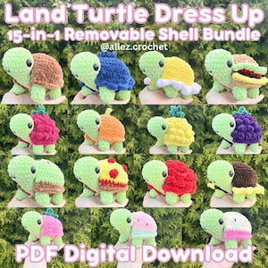 May include: A collection of 12 crochet land turtles with removable shells in various designs, including a brown shell, a blue shell, and a yellow shell. The image includes the text "Land Turtle Dress Up 15-in-1 Removable Shell Bundle" and "PDF Digital Download".