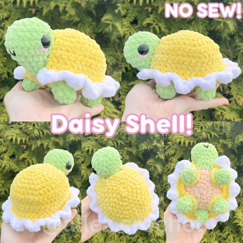 May include: A crochet turtle plush with a light green head and limbs, a yellow shell, and a white ruffled border resembling daisy petals. The toy features black safety eyes and pink stitched cheeks. Text on the image reads NO SEW! Daisy Shell!