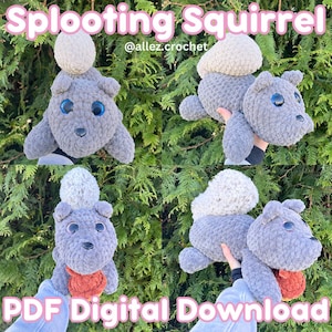 May include: A crocheted gray squirrel plushie with a light gray pom-pom on its head and large blue eyes. The squirrel has a small black nose and is holding a small orange object. Text reads "Sploooting Squirrel" and "PDF Digital Download".