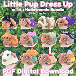 May include: A 12-in-1 crochet pattern bundle titled Little Pup Dress Up 12-in-1 Halloweenie Bundle @allez.crochet. The image displays twelve brown dachshund plushies wearing various Halloween-themed costumes including a cat, witch, mummy, spider, pumpkin, and candy corn.