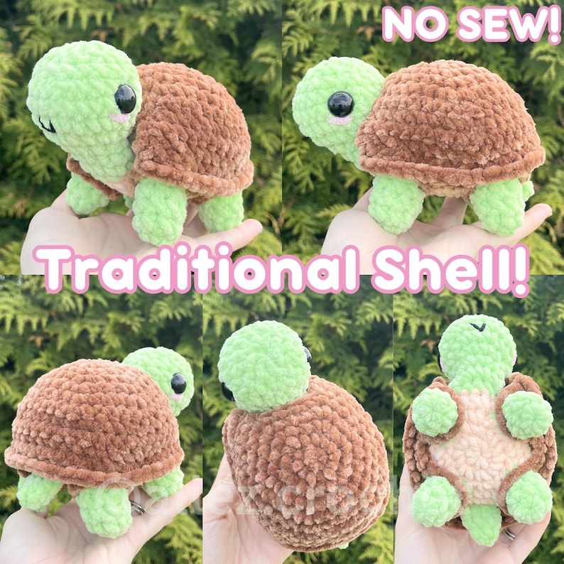 May include: A plush crochet turtle toy with a light green head and limbs, a brown textured shell, and black plastic eyes. The text NO SEW! and Traditional Shell! is visible. The turtle has a light pink blush on its cheeks and a light tan belly.
