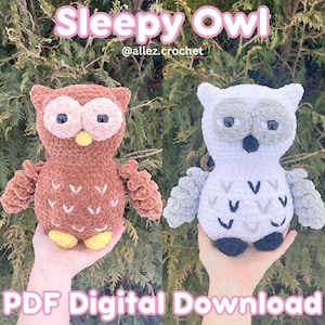 May include: Two crochet owl plushies, one brown with yellow feet and beak, the other white with grey wings and black feet. Both feature large eyes and V-shaped chest patterns. Text reads Sleepy Owl @allez.crochet PDF Digital Download.