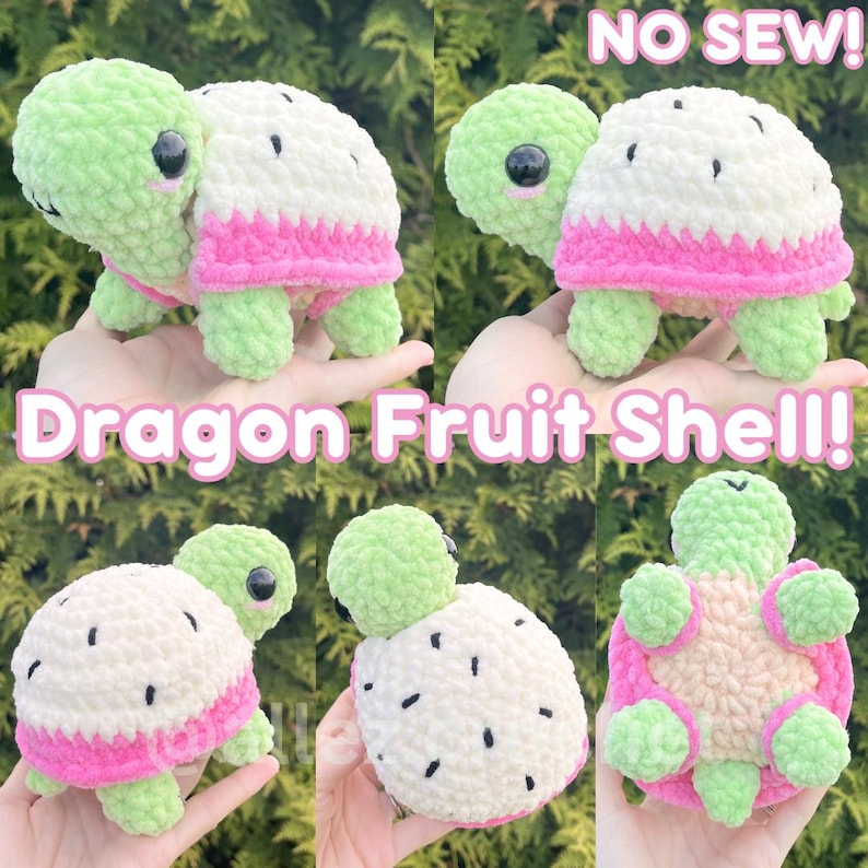 May include: A plush crochet turtle toy featuring a light green head and limbs, with a white shell patterned with black spots and a bright pink border. The text NO SEW! and Dragon Fruit Shell! is overlaid on the image of the stuffed animal.