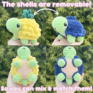 May include: A crochet turtle plush with a light green head and body. The turtle features two removable shells: one yellow pineapple-textured shell and one dark blue shell. The text reads: The shells are removable! So you can mix & match them!