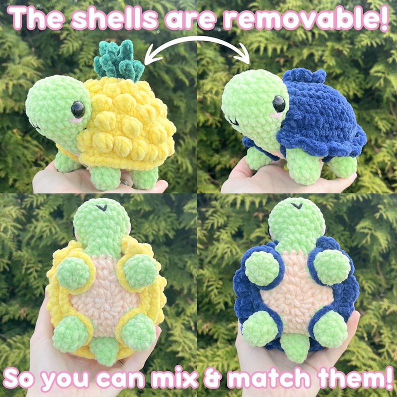May include: A crochet turtle plush with a light green head and body. The turtle features two removable shells: one yellow pineapple-textured shell and one dark blue shell. The text reads: The shells are removable! So you can mix & match them!
