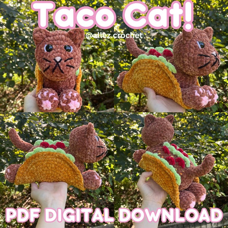 Puede incluir: Un gato de ganchillo marr&oacute;n con una concha de taco. El taco tiene detalles verdes, rojos y marrones. El texto "Taco Cat!" y "PDF DIGITAL DOWNLOAD" se muestra en la imagen.