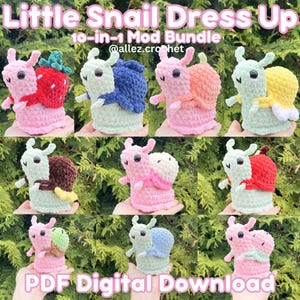 Peut inclure: Une collection de dix figurines d'escargots crochetés, chacune avec un design de coquille unique, dont une fraise, bleue et jaune. Le texte "Little Snail Dress Up" et "PDF Digital Download" sont visibles. Les escargots sont de couleurs pastel variées.