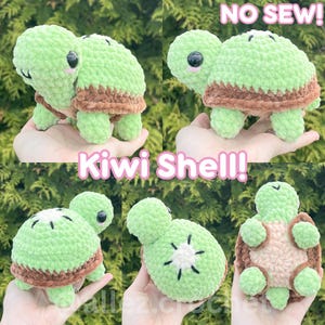 May include: A plush crochet turtle toy featuring a light green head and limbs, a brown textured shell border, and a white center on the shell with black stitched details. The text NO SEW! and Kiwi Shell! is printed over the images of the toy.