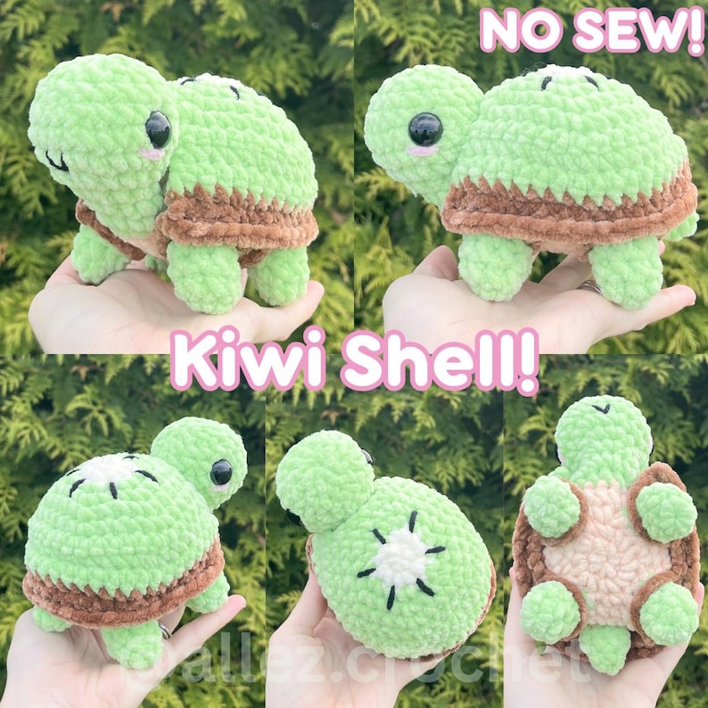 May include: A plush crochet turtle toy featuring a light green head and limbs, a brown textured shell border, and a white center on the shell with black stitched details. The text NO SEW! and Kiwi Shell! is printed over the images of the toy.