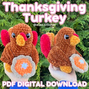 May include: Two plush, brown crochet turkeys with red, orange, and yellow accents. Each turkey has a pie-shaped base with a star in the center. The text "Thanksgiving Turkey" and "PDF DIGITAL DOWNLOAD" are displayed in the image.