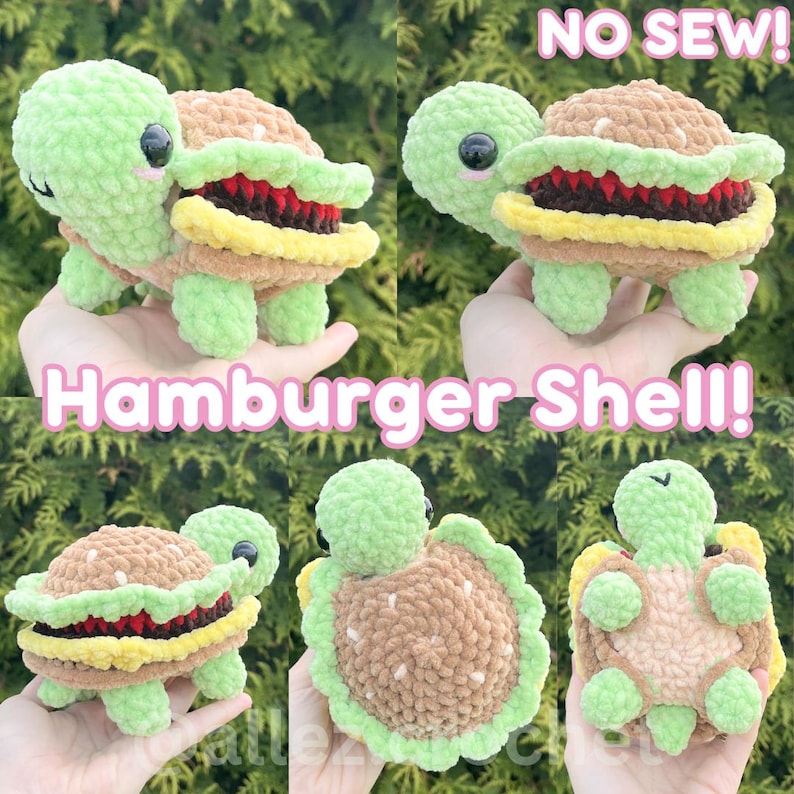 May include: A crochet turtle plush with a shell designed to look like a hamburger, featuring a light green head, brown bun-textured shell, red lettuce, and yellow cheese layers. The text NO SEW! and Hamburger Shell! is visible.
