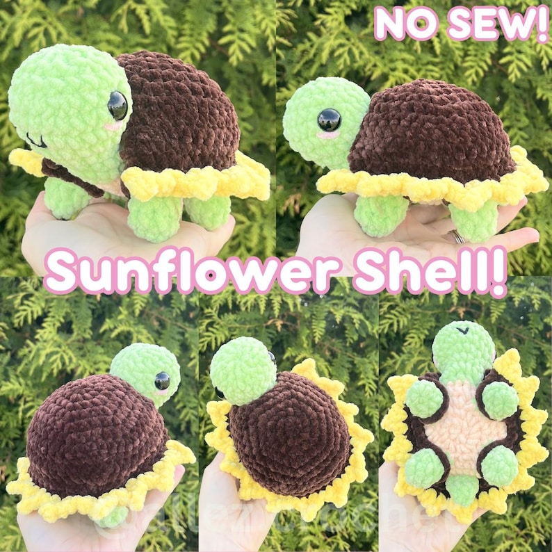 May include: A plush crochet turtle toy featuring a light green head, a dark brown shell, and a bright yellow ruffled border resembling sunflower petals. The text NO SEW and Sunflower Shell are visible on the image. The toy has large black eyes.