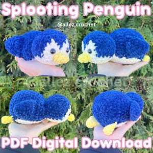 May include: Four images of a blue and white crochet penguin with a yellow beak and feet. The text "Sploooting Penguin" is at the top, and "PDF Digital Download" is at the bottom. The @allez.crochet is also visible.