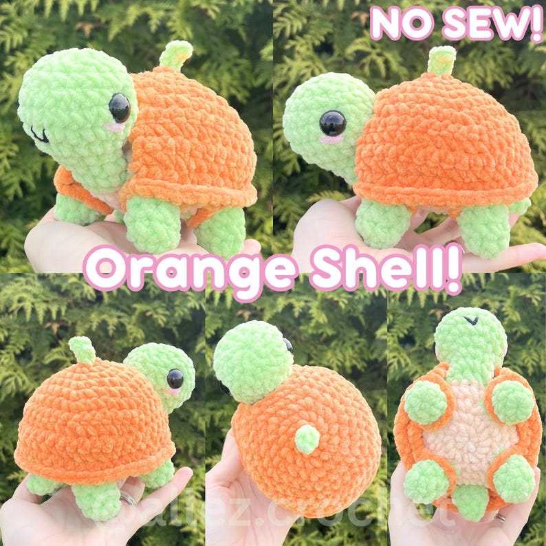 May include: A plush crochet turtle toy with a light green head and limbs, a textured orange shell, and black plastic eyes. The toy features a small green tail and a light-colored underside. Text on the image reads NO SEW! and Orange Shell!
