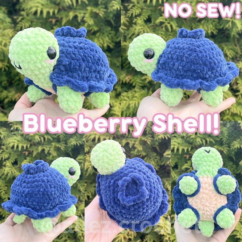 May include: A plush turtle toy with a light green head and limbs, featuring a dark blue textured shell with a small blue tuft on top. The turtle has large black eyes and pink cheek accents. Text on the image reads NO SEW! and Blueberry Shell!