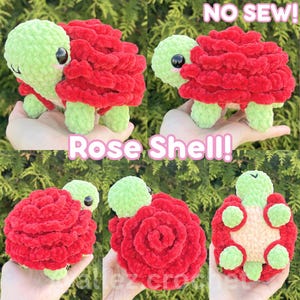May include: A plush turtle toy with a light green head and limbs and a textured, layered red shell resembling a rose. The toy features black plastic eyes and a cream-colored underside. The text NO SEW! and Rose Shell! appear in the image.
